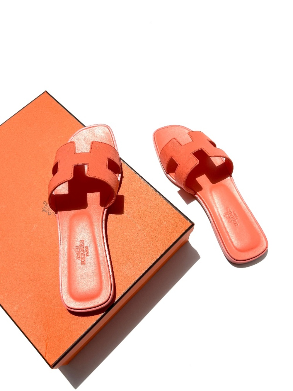 HERMES Oran Orange Joey Leather Slide Sandals 37 New